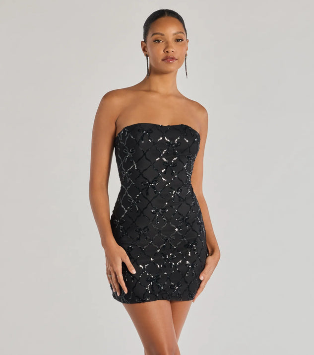 Cutest Style Sequin Bow Strapless Lace-Up Mini Dress, a trendy black mini dress featuring modern details and a fresh seasonal hue, perfect for creating chic 2025 looks.