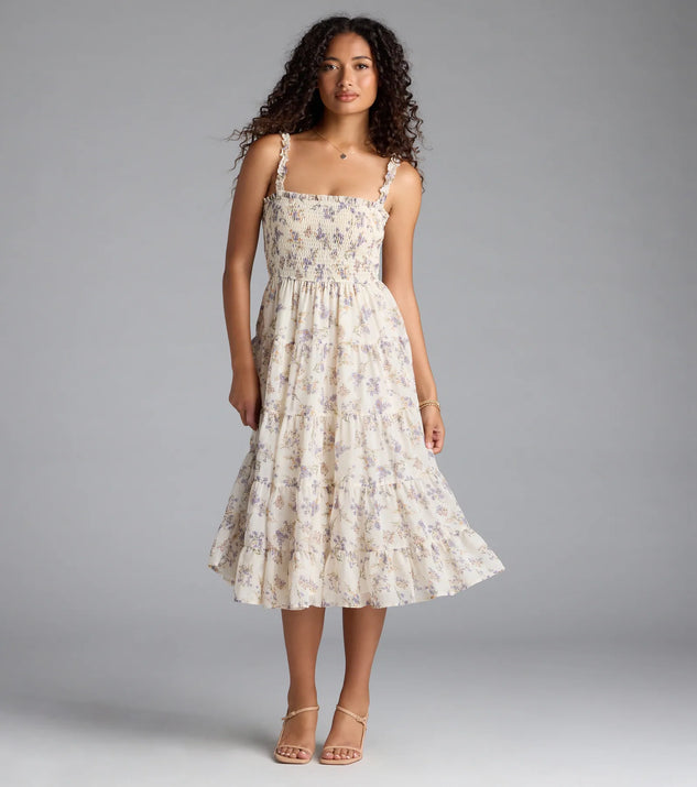 Feel confident and photo-ready in the Effortless Love Ruffled Floral Chiffon Midi Dress, a natural graduation dress perfect for 2025 ceremonies and parties.