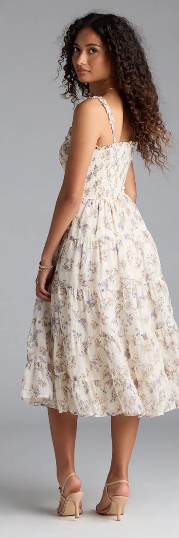 The Effortless Love Ruffled Floral Chiffon Midi Dress in natural brings sleek style to any graduation outfit, from cap and gown to after-party.