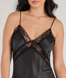 Make a bold statement in the Ethereal Beauty Satin and Lace Long Slip Dress in black, the perfect spring dress for weddings, cocktail hours, nights out, and/or seasonal celebrations.