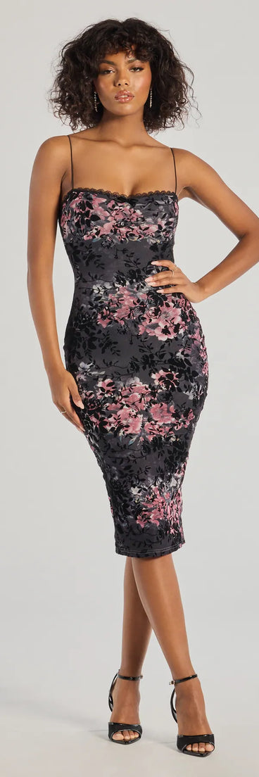 Celebrate the special day in the Flawless Look Flocked Floral Mesh Bodycon Midi Dress, a black country wedding guest dress with soft, romantic details that blend charm and sophistication.