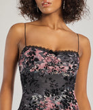 Make a bold statement in the Flawless Look Flocked Floral Mesh Bodycon Midi Dress in black, the perfect summer dress for weddings, cocktail hours, nights out, and/or seasonal celebrations.