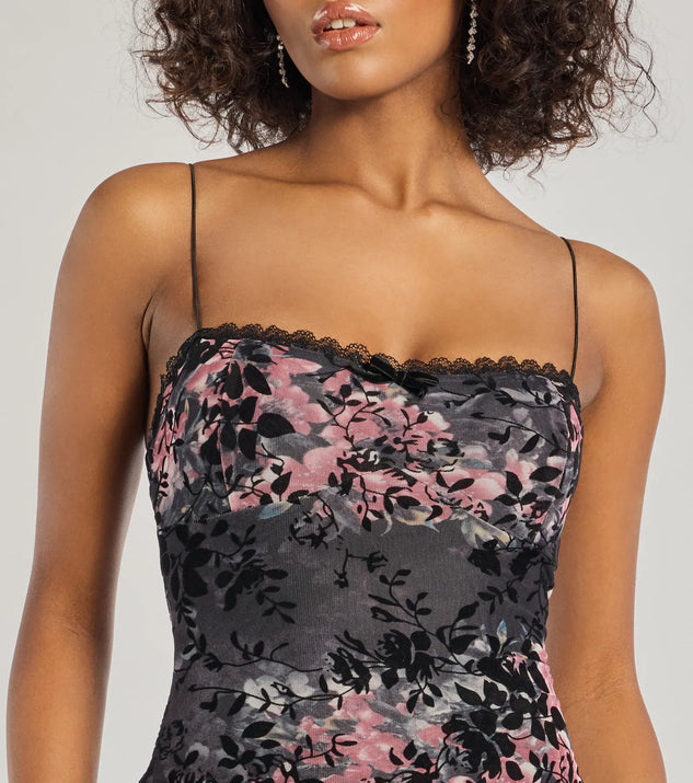 black floral foil printed mesh band collar bodycon dress boohoo Women's Mesh Flower Print Bandeau Maxi Dress in Natural Black