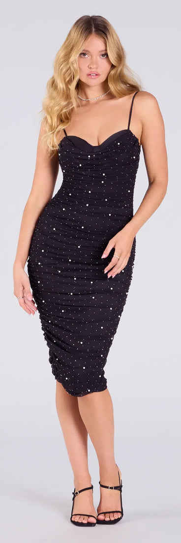 Feel ready for every dance floor moment or feed-worthy reel in the Alluring Glamour Rhinestone And Pearl Mesh Midi Dress, a black homecoming dress designed to own your moment.