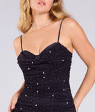 The Alluring Glamour Rhinestone And Pearl Mesh Midi Dress in black features a flattering fit and mid-calf hem, redefining effortless midi dresses for any occasion.