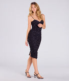 Step into summer looking effortlessly chic in the Alluring Glamour Rhinestone And Pearl Mesh Midi Dress in black, a must-have Windsor dress for your warm-weather wardrobe.