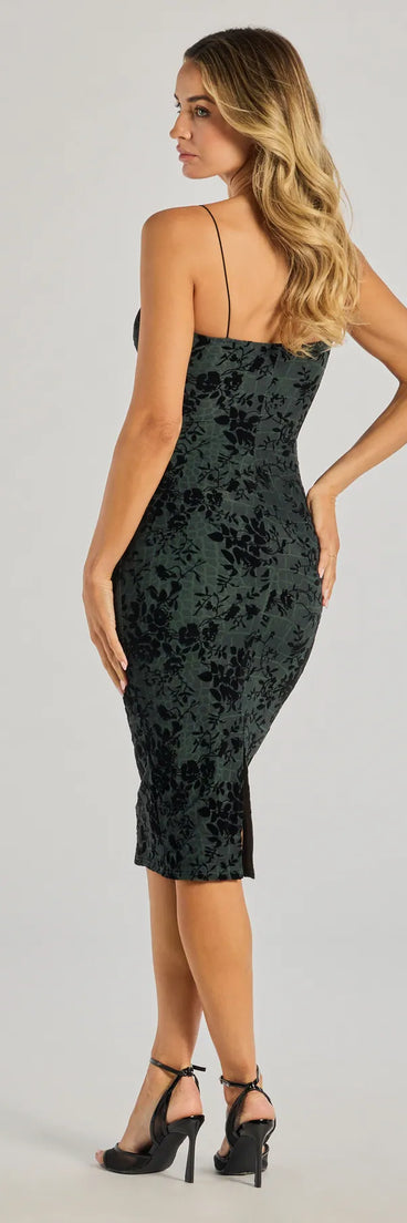 Celebrate the special day in the Feeling Flawless Flocked Floral Mesh Bodycon Midi Dress, a olive green country wedding guest dress with soft, romantic details that blend charm and sophistication.