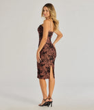 Flawless Look Flocked Floral Mesh Bodycon Midi Dress in burgundy, a stylish red dress with a flattering fit and fabric that adds allure to your look, perfect for wedding guest attire, cocktail events, or making a bold statement on a date night.