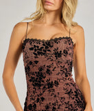 Make a bold statement in the Flawless Look Flocked Floral Mesh Bodycon Midi Dress in burgundy, the perfect spring dress for weddings, cocktail hours, nights out, and/or seasonal celebrations.