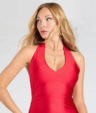 Make a bold statement in the Radiate Flirtiness Halter Slit Midi Dress in red, the perfect spring dress for weddings, cocktail hours, nights out, and/or seasonal celebrations.