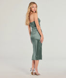 Celebrate the special day in the Luxe Dream Strapless Satin Midi Dress, a sage green country wedding guest dress with soft, romantic details that blend charm and sophistication.