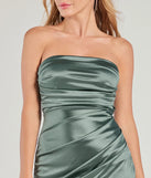 Make a bold statement in the Luxe Dream Strapless Satin Midi Dress in sage green, the perfect green dress for weddings, cocktail hours, nights out, and/or seasonal celebrations.