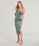 Celebrate the special day in the Luxe Dream Strapless Satin Midi Dress, a sage green country wedding guest dress with soft, romantic details that blend charm and sophistication.