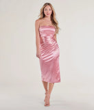 Make a bold statement in the Cocktail Hour Strapless Satin Slit Midi Dress in mauve, the perfect spring dress for weddings, cocktail hours, nights out, and/or seasonal celebrations.