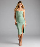 Shine with confidence, elegance, and standout style in the Sleek And Smooth High Slit Midi Dress—a sage green graduation dress designed with a fresh silhouette and the latest trends.