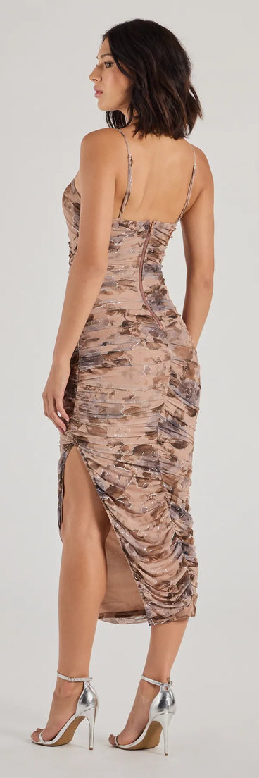 Celebrate the special day in the Enchantingly Chic Foiled Floral Mesh Midi Dress, a taupe country wedding guest dress with soft, romantic details that blend charm and sophistication.