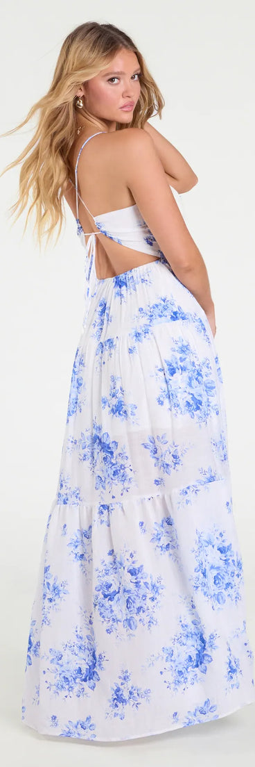 Make a bold statement in the Sunshine Dream Open Tie Back Floral Maxi Dress in white, the perfect summer dress for weddings, cocktail hours, nights out, and/or seasonal celebrations.
