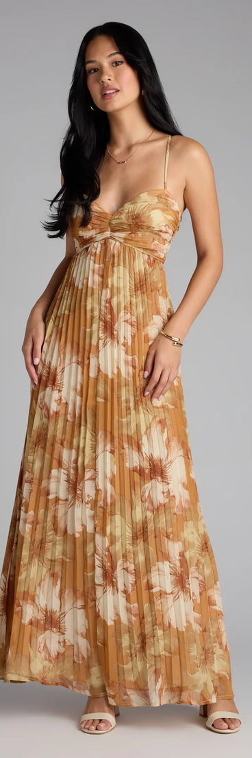 Style your seasonal looks with the Effortless Enchantment Floral Pleated Maxi Dress, a trend-right, camel brown fall dress designed for any plan on your calendar with new and unqiue details.