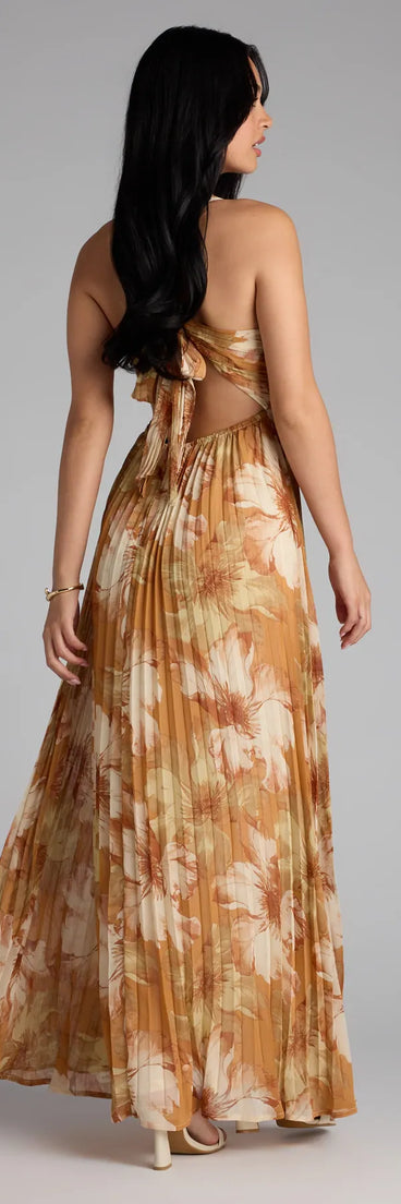 Style your seasonal looks with the Effortless Enchantment Floral Pleated Maxi Dress, a trend-right, camel brown fall dress designed for any plan on your calendar with new and unqiue details.