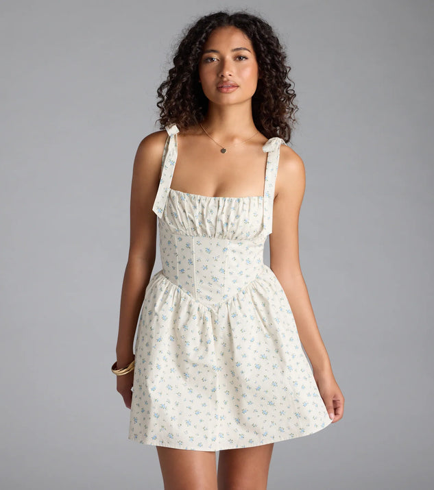 Shine with confidence, elegance, and standout style in the Flower Fields Lace-Up Corset Skater Dress—a ivory graduation dress designed with a fresh silhouette and the latest trends.