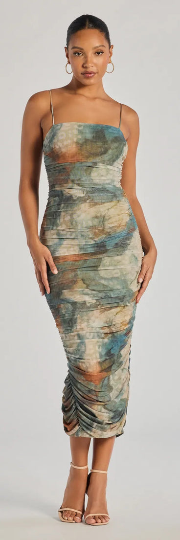 Celebrate the special day in the Muse Dream Abstract Print Ruched Midi Dress, a olive green country wedding guest dress with soft, romantic details that blend charm and sophistication.