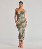 Celebrate the special day in the Muse Dream Abstract Print Ruched Midi Dress, a olive green country wedding guest dress with soft, romantic details that blend charm and sophistication.