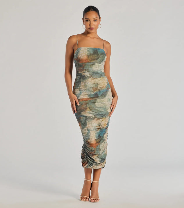 Celebrate the special day in the Muse Dream Abstract Print Ruched Midi Dress, a olive green country wedding guest dress with soft, romantic details that blend charm and sophistication.