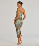 Celebrate the special day in the Muse Dream Abstract Print Ruched Midi Dress, a olive green country wedding guest dress with soft, romantic details that blend charm and sophistication.