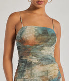 Make a bold statement in the Muse Dream Abstract Print Ruched Midi Dress in olive green, the perfect green dress for weddings, cocktail hours, nights out, and/or seasonal celebrations.
