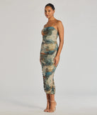 Celebrate the special day in the Muse Dream Abstract Print Ruched Midi Dress, a olive green country wedding guest dress with soft, romantic details that blend charm and sophistication.