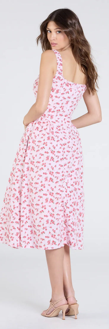 Make a bold statement in the Sunshine Charm Rose Floral A-Line Midi Dress in pink, the perfect spring dress for weddings, cocktail hours, nights out, and/or seasonal celebrations.