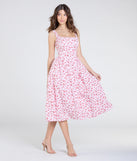 Make a bold statement in the Sunshine Charm Rose Floral A-Line Midi Dress in pink, the perfect spring dress for weddings, cocktail hours, nights out, and/or seasonal celebrations.