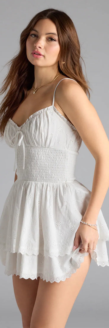Feel confident and photo-ready in the Park Picnic V-Neck Eyelet Skater Dress, a white graduation dress perfect for 2025 ceremonies and parties.