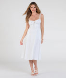Feel confident and photo-ready in the Sunny Staple Square Neck Eyelet Midi Dress With Pockets, a white graduation dress perfect for 2025 ceremonies and parties.