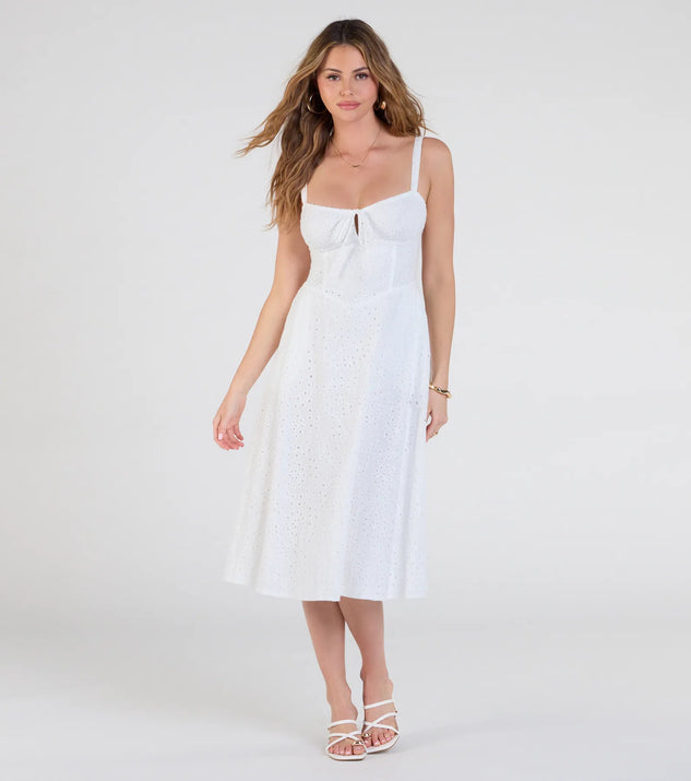 Feel confident and photo-ready in the Sunny Staple Square Neck Eyelet Midi Dress With Pockets, a white graduation dress perfect for 2025 ceremonies and parties.
