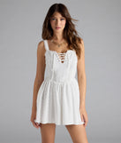 Shine with confidence, elegance, and standout style in the Sweetest Style Lace-Up Eyelet Skater Dress—a white graduation dress designed with a fresh silhouette and the latest trends.