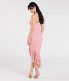 Make a bold statement in the Enchanted Moment Floral Ruffled Lace Midi Dress in pink, the perfect spring dress for weddings, cocktail hours, nights out, and/or seasonal celebrations.