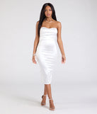 Feel confident and photo-ready in the Exquisite In Strapless Satin Midi Dress, a white graduation dress perfect for 2025 ceremonies and parties.
