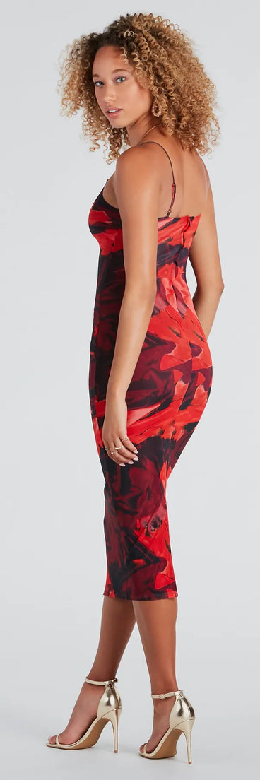 Flaunt your silhouette in the tight Stunning One V-Neck Abstract Midi Dress in red, a bodycon dress that empowers your look with bold style and effortless edge.
