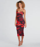 Make a bold statement in the Stunning One V-Neck Abstract Midi Dress in red, the perfect spring dress for weddings, cocktail hours, nights out, and/or seasonal celebrations.