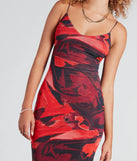 Make a bold statement in the Stunning One V-Neck Abstract Midi Dress in red, the perfect spring dress for weddings, cocktail hours, nights out, and/or seasonal celebrations.