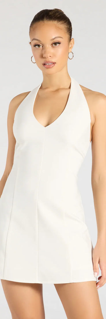 The Chic Event Halter A-Line Mini Dress is your new go-to white dress—effortless, versatile, and made to update your fall style in seconds.