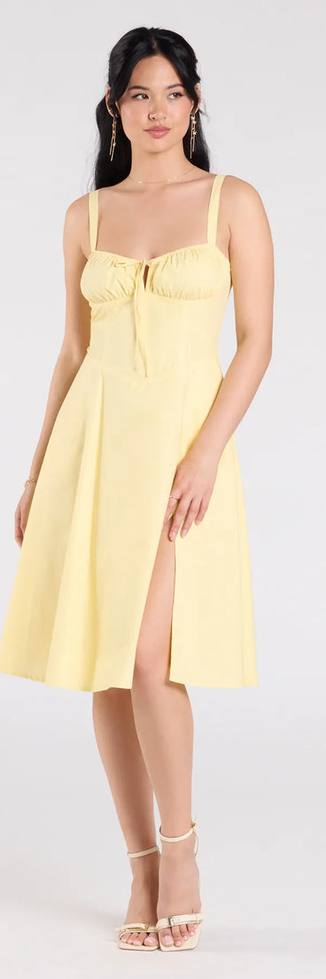 Feel confident and photo-ready in the Playful And Pretty Corset Lace-Up Midi Dress, a yellow graduation dress perfect for 2025 ceremonies and parties.