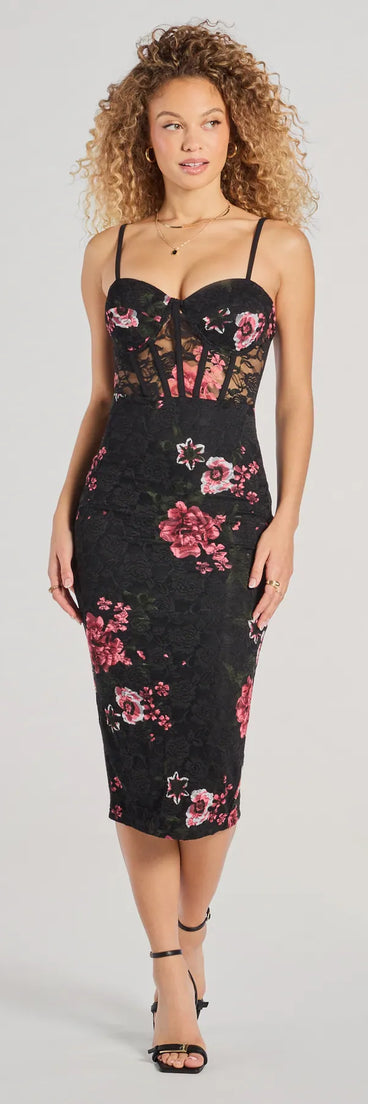 With its mid-calf hem and popular flattering fit, the Divine Nature Floral Lace Corset Midi Dress in black nails the balance of trend and ease, redefining go-to midi dresses for any occasion.