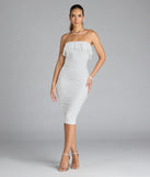 Feel confident and photo-ready in the Effortless Beauty Strapless Ruffled Lace Midi Dress, a white graduation dress perfect for 2025 ceremonies and parties.