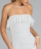Feel confident and photo-ready in the Effortless Beauty Strapless Ruffled Lace Midi Dress, a white graduation dress perfect for 2025 ceremonies and parties.