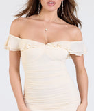 Make a bold statement in the Stunning Element Off-The-Shoulder Ruffle Mini Dress in ivory, the perfect spring dress for weddings, cocktail hours, nights out, and/or seasonal celebrations.