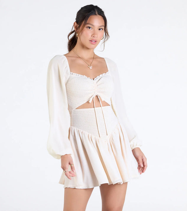 Shine with confidence, elegance, and standout style in the Perfect View Smocked Cutout Skater Dress—a ivory graduation dress designed with a fresh silhouette and the latest trends.