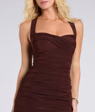 Make a bold statement in the Sleek Look Ruched Knit Bodycon Midi Dress in brown, the perfect summer dress for weddings, cocktail hours, nights out, and/or seasonal celebrations.
