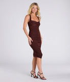 Celebrate the special day in the Sleek Look Ruched Knit Bodycon Midi Dress, a brown country wedding guest dress with soft, romantic details that blend charm and sophistication.